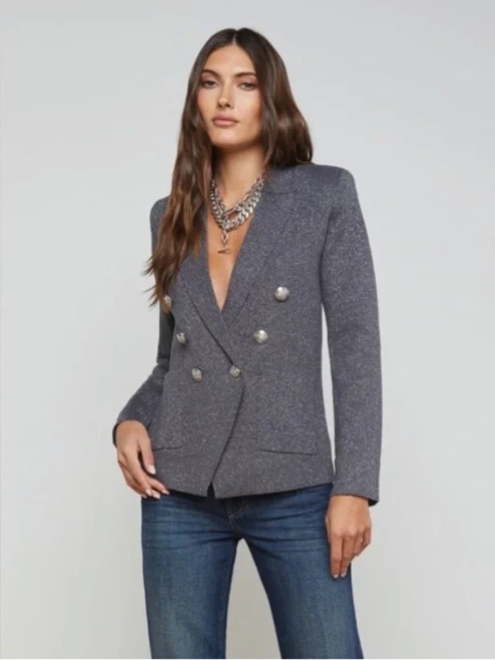 L'AGENCE Kenzie Metallic Double Breasted Knit Blazer